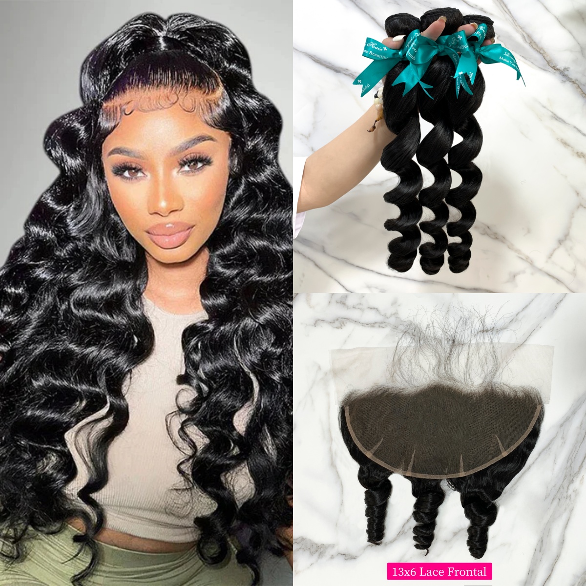 Natural Black Color Loose Wave 3 Bundles with 13*6 Lace Frontal