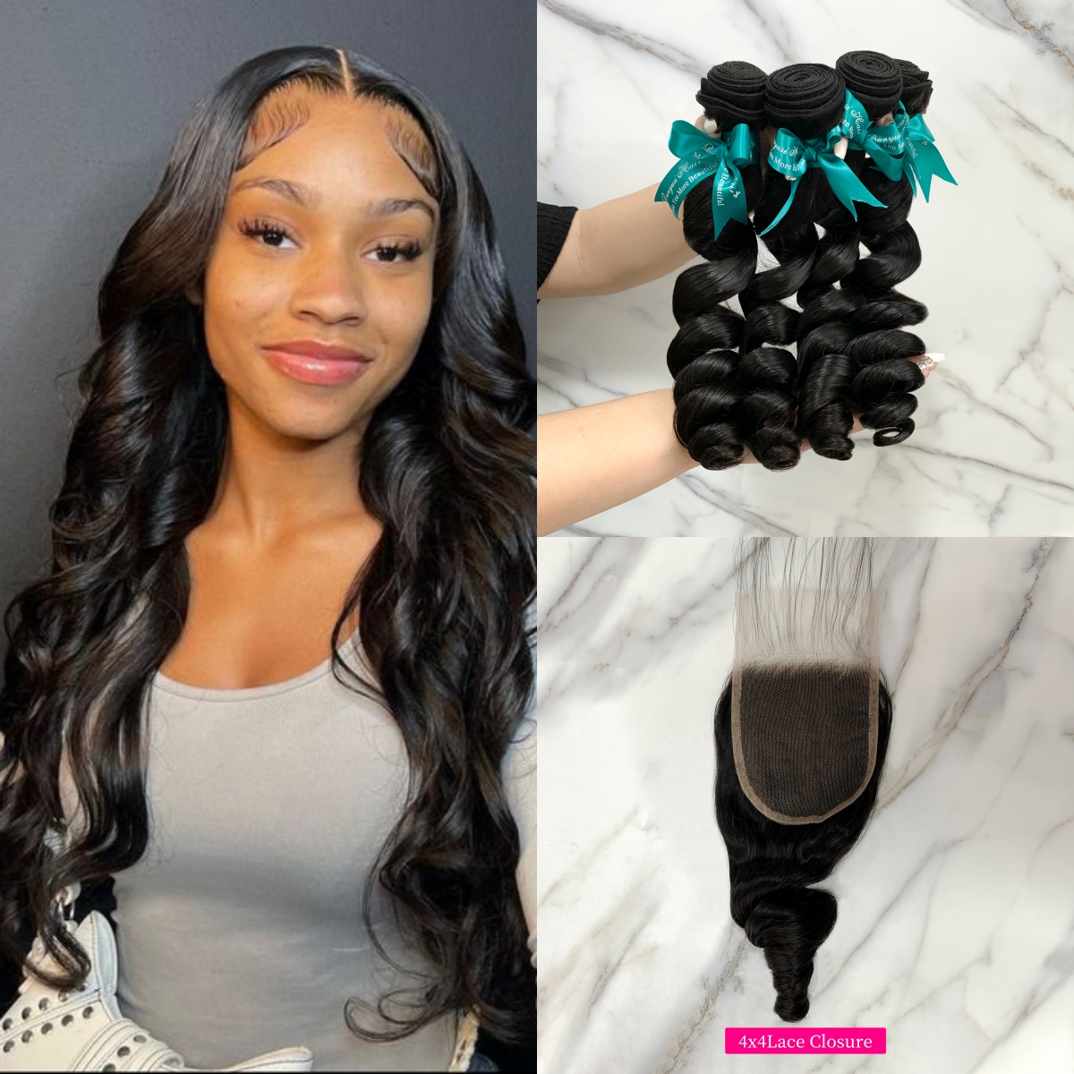 Natural Black Color Loose Wave 4 Bundles with 4*4 Lace Closure