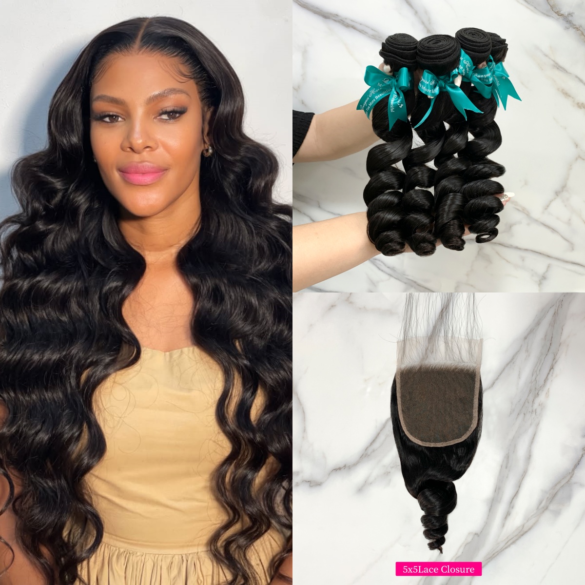 Natural Black Color Loose Wave 4 Bundles with 5*5 Lace Closure