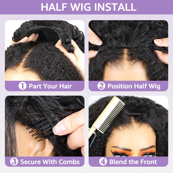 10″ – 40″ Natural Black Color Afro Kinky Curly Human Hair Drawstring Half Wig