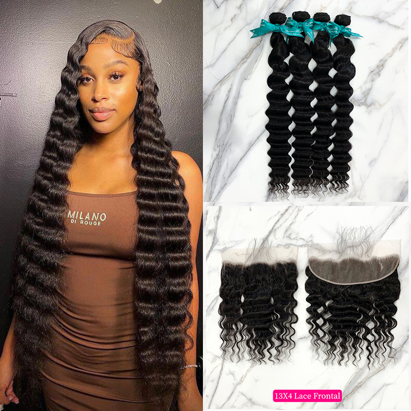 Natural Black Color Pineapple Wave 4 Bundles with 13*4 Lace Frontal