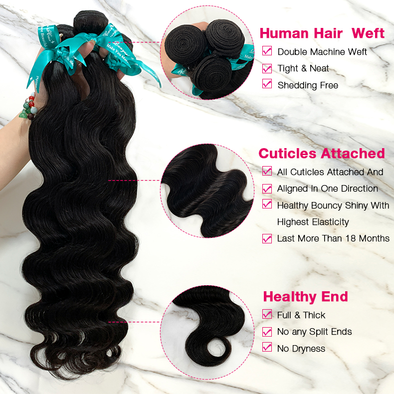 Natural Black Color Body Wave 4 Bundles with 5*5 Lace Closure