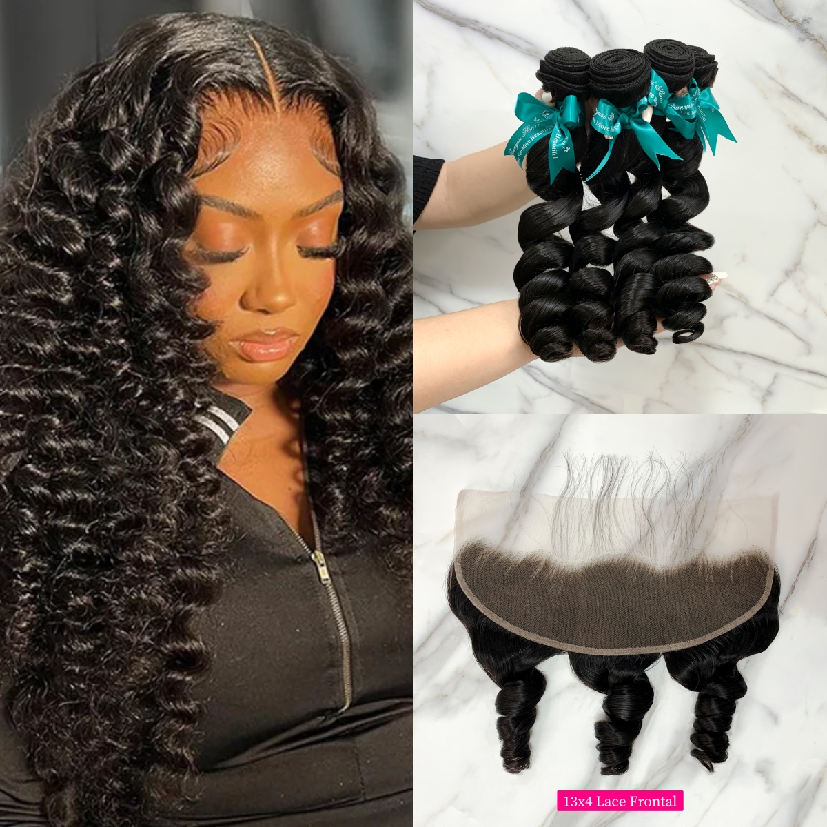 Natural Black Color Loose Wave 4 Bundles with 13*4 Lace Frontal