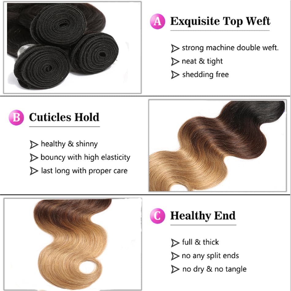 Ombre 1b/4/27 Body Wave 3 Bundles with 13*4 Lace Frontal