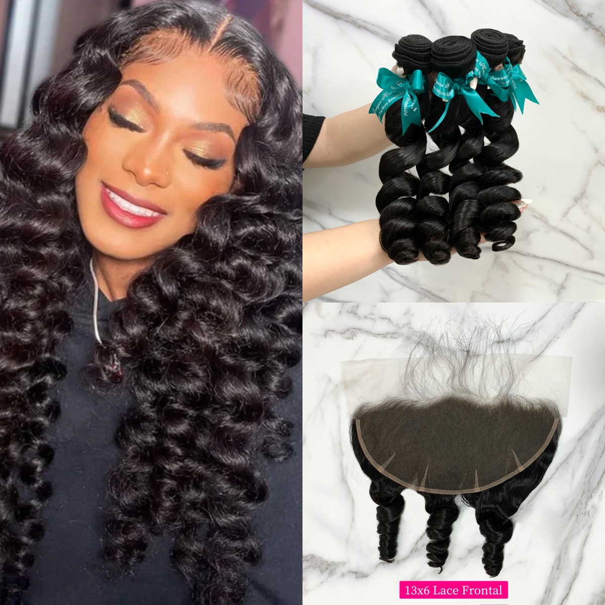 Natural Black Color Loose Wave 4 Bundles with 13*6 Lace Frontal