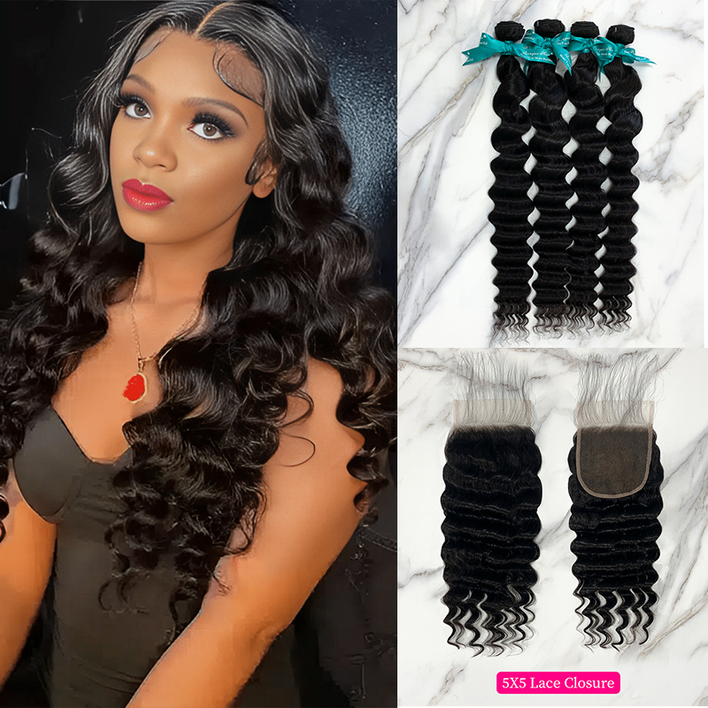 Natural Black Color Pineapple Wave 4 Bundles with 5*5 Lace Closure