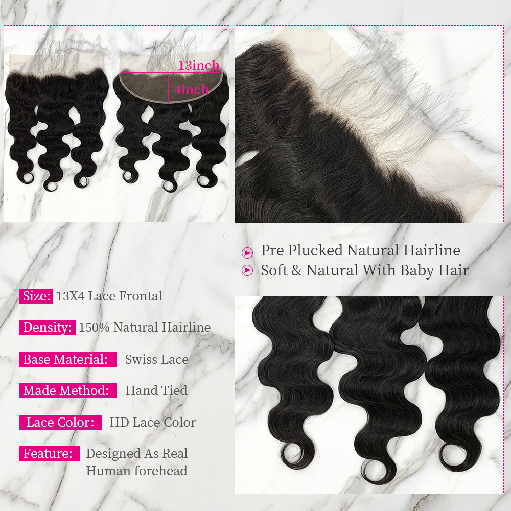 Natural Black Color Body Wave 3 Bundles with 13*4 Lace Frontal