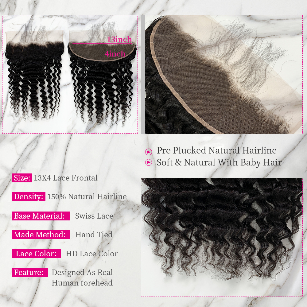 Natural Black Color Deep Wave 3 Bundles with 13*4 Lace Frontal
