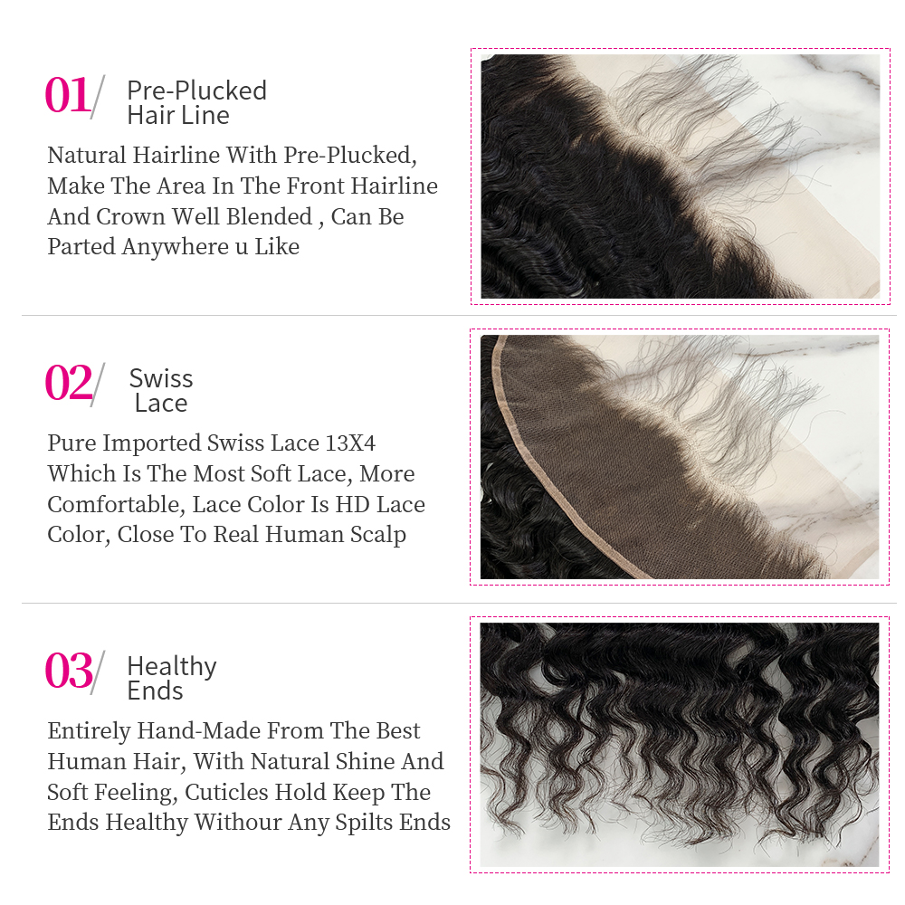 Natural Black Color Deep Wave 3 Bundles with 13*4 Lace Frontal