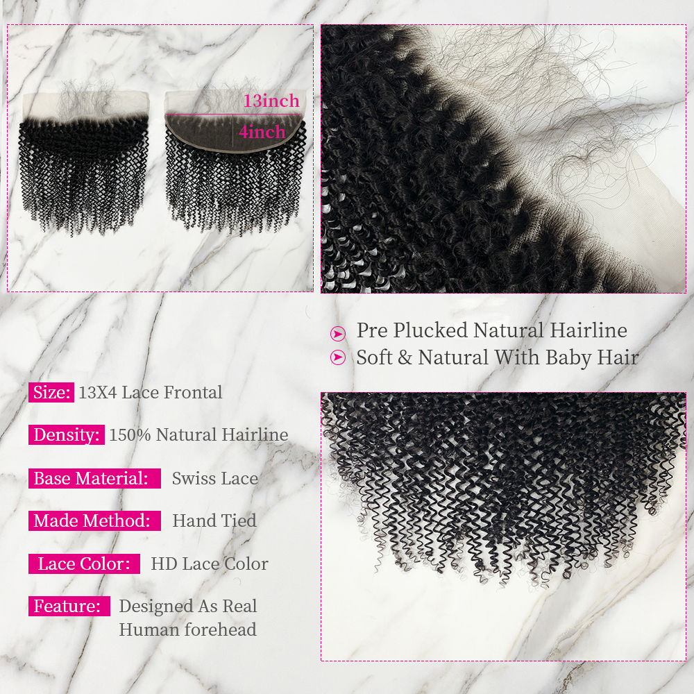 Natural Black Color Kinky Curly 3 Bundles with 13*4 Lace Frontal
