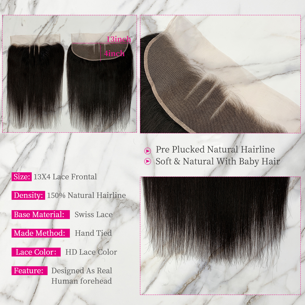 Natural Black Color Straight 3 Bundles with 13*4 Lace Frontal