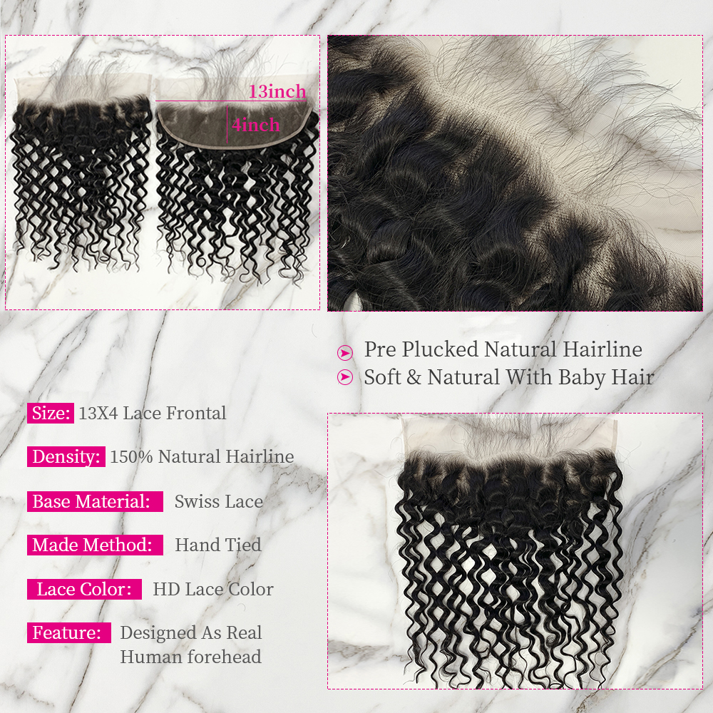 Natural Black Color Water Wave 3 Bundles with 13*4 Lace Frontal