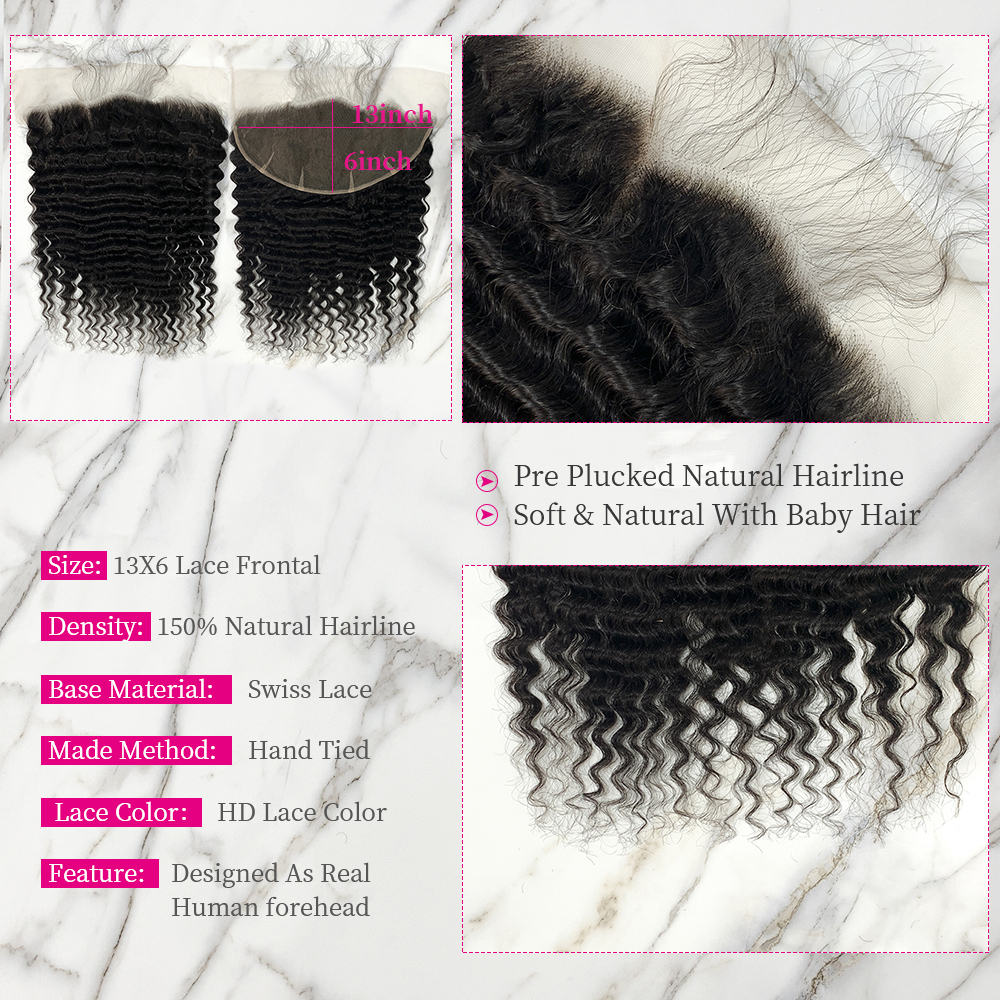 Natural Black Color Deep Wave 3 Bundles with 13*6 Lace Frontal