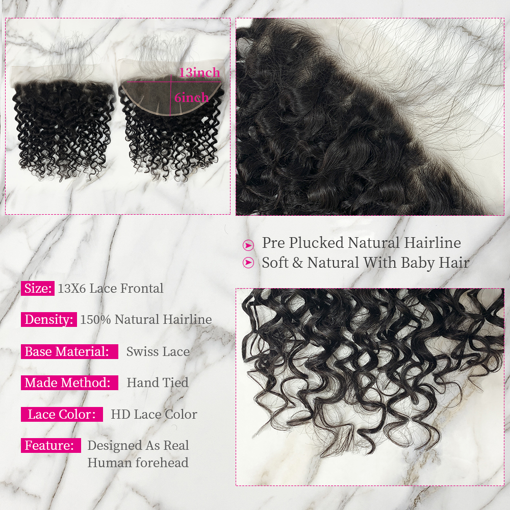 Natural Black Color Water Wave 3 Bundles with 13*6 Lace Frontal