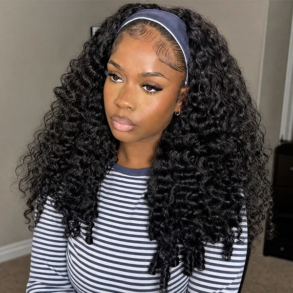 10″ – 14″ Natural Black Color Burmese Curly Human Hair Headband Wig