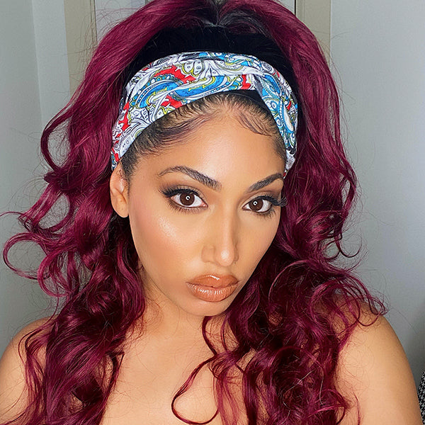 10″ – 40″ #99J Color Body Wave Human Hair Headband Wig