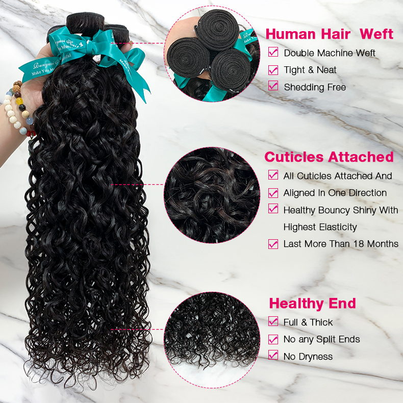 Natural Black Color Water Wave 3 Bundles with 13*4 Lace Frontal
