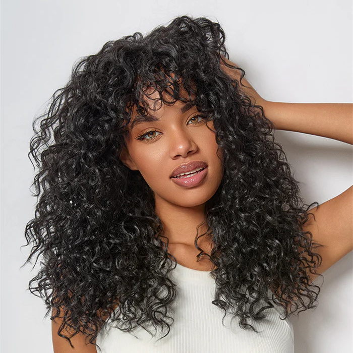 10″ – 40″ Natural Black Color Bohemian Curly Human Hair Machine Made Wig