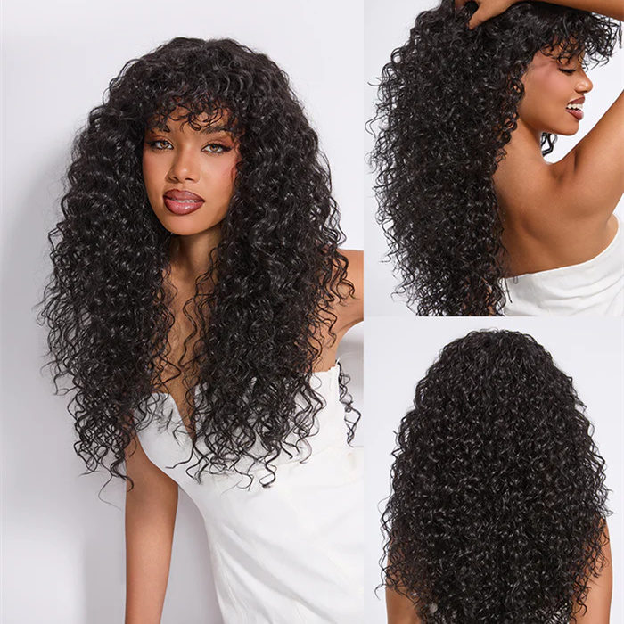 10″ – 40″ Natural Black Color Bohemian Curly Human Hair Machine Made Wig