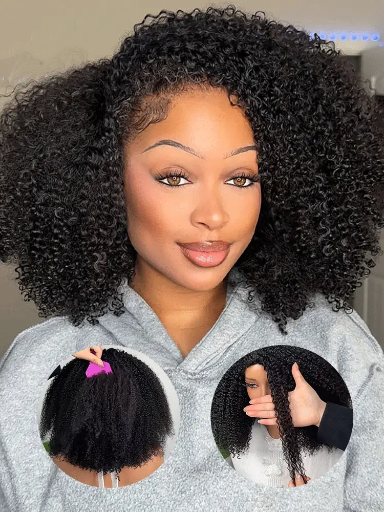 10″ – 40″ Natural Black Color Afro Kinky Curly Human Hair Drawstring Half Wig