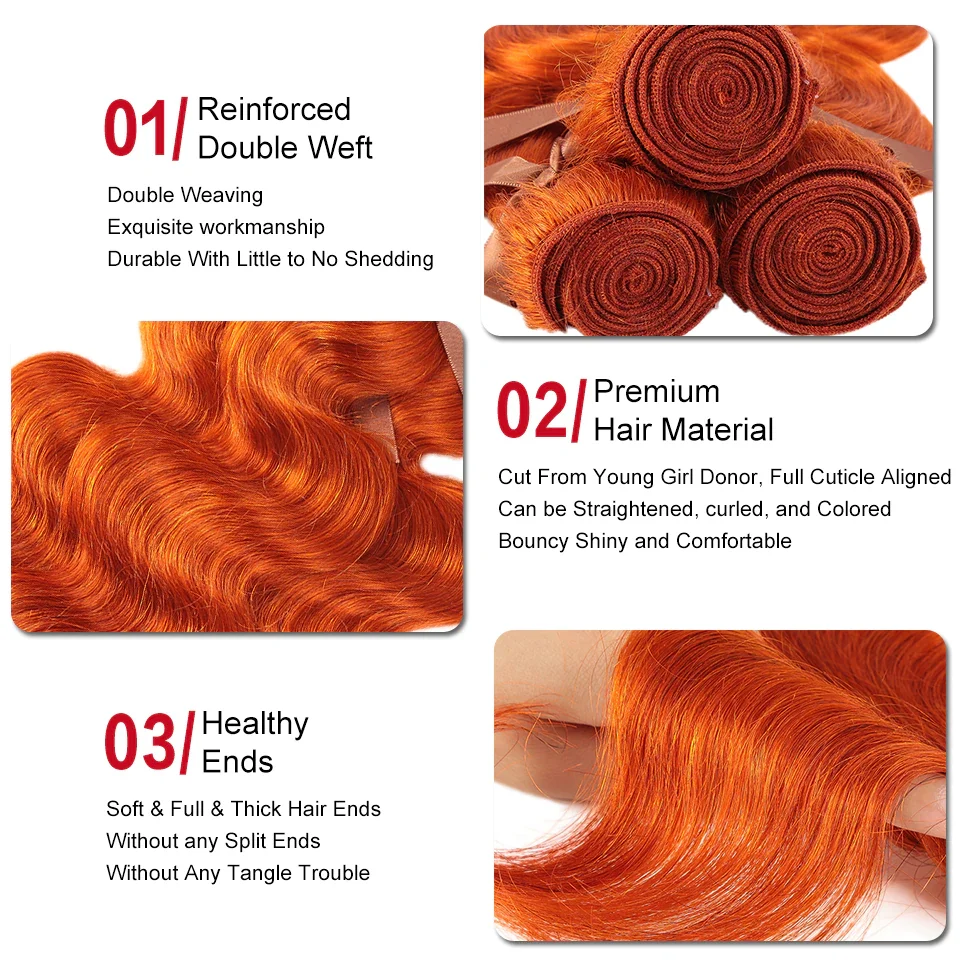 3 Bundles 10″ – 40″ #350 Ginger Body Wave Human Hair Bundle