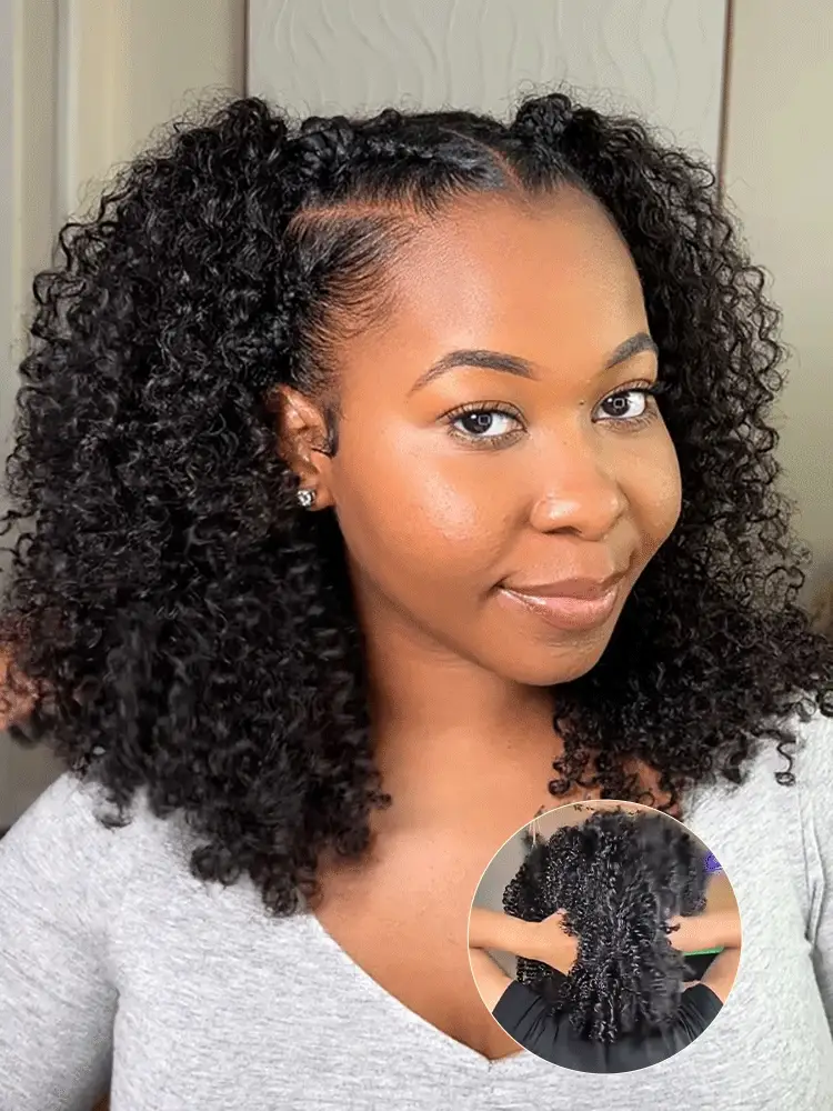 10″ – 40″ Natural Black Color Afro Kinky Curly Human Hair Drawstring Half Wig