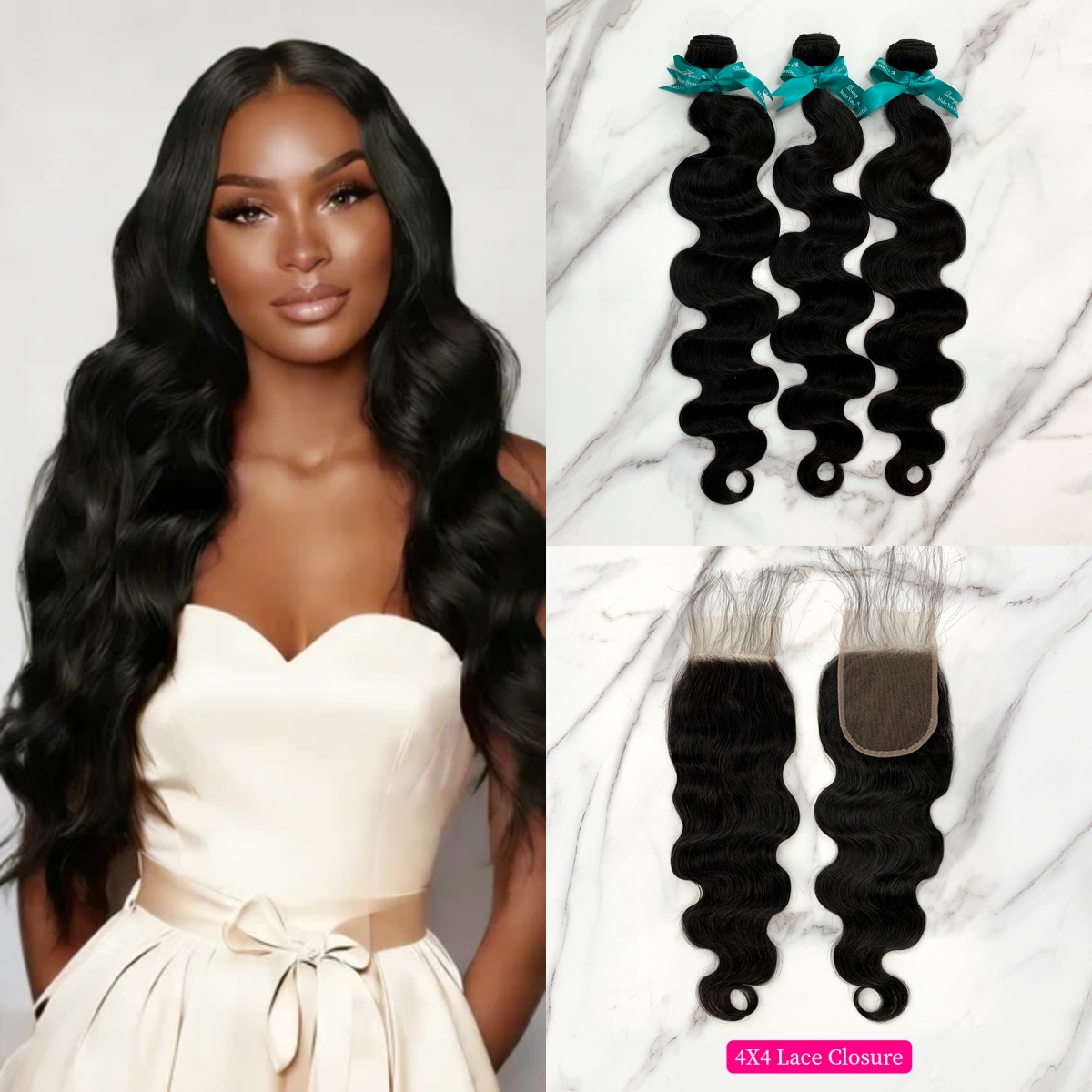 Natural Black Color Body Wave 3 Bundles with 4*4 Lace Closure