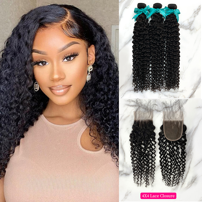Natural Black Color Deep Curly 3 Bundles with 4*4 Lace Closure