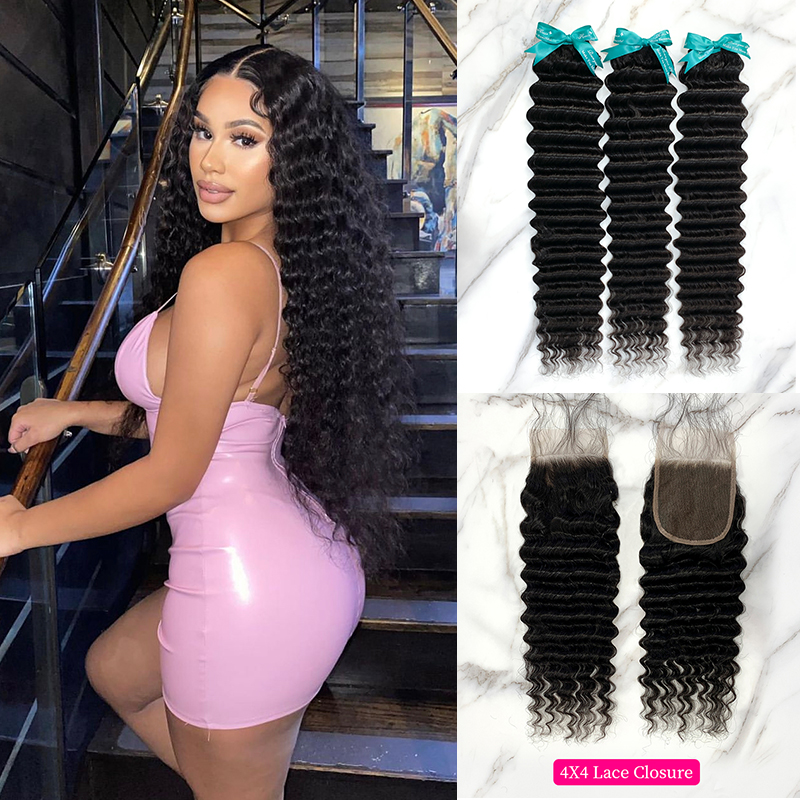 Natural Black Color Deep Wave 3 Bundles with 4*4 Lace Closure