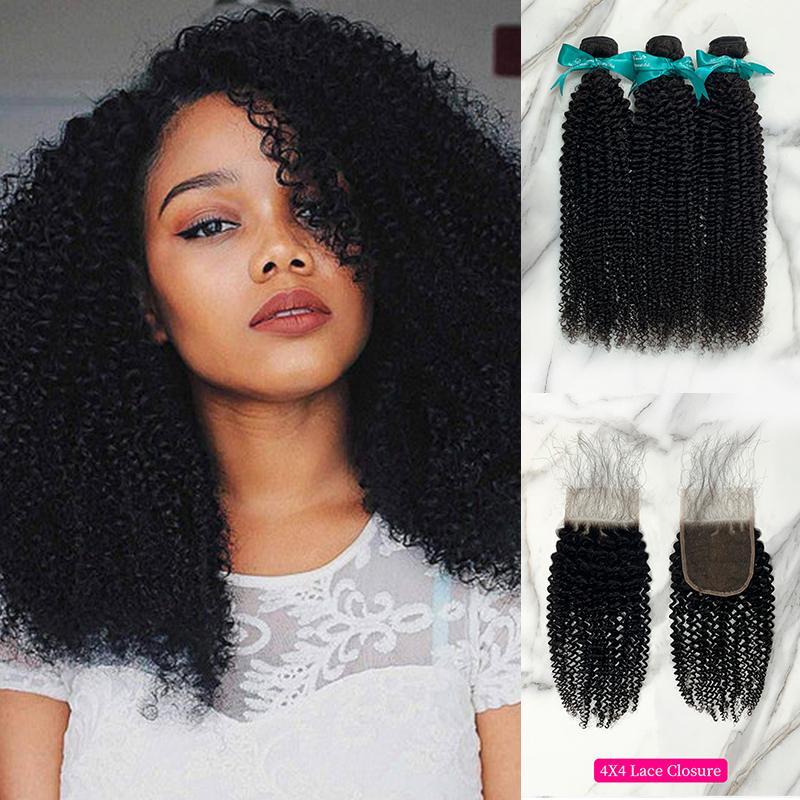Natural Black Color Kinky Curly 3 Bundles with 4*4 Lace Closure