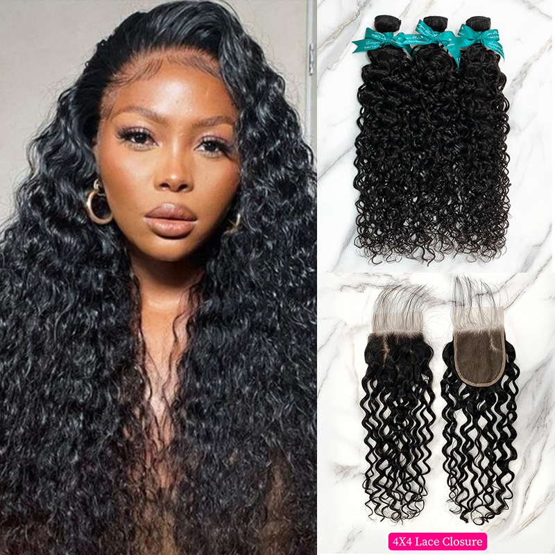 Natural Black Color Water Wave 3 Bundles with 4*4 Lace Closure