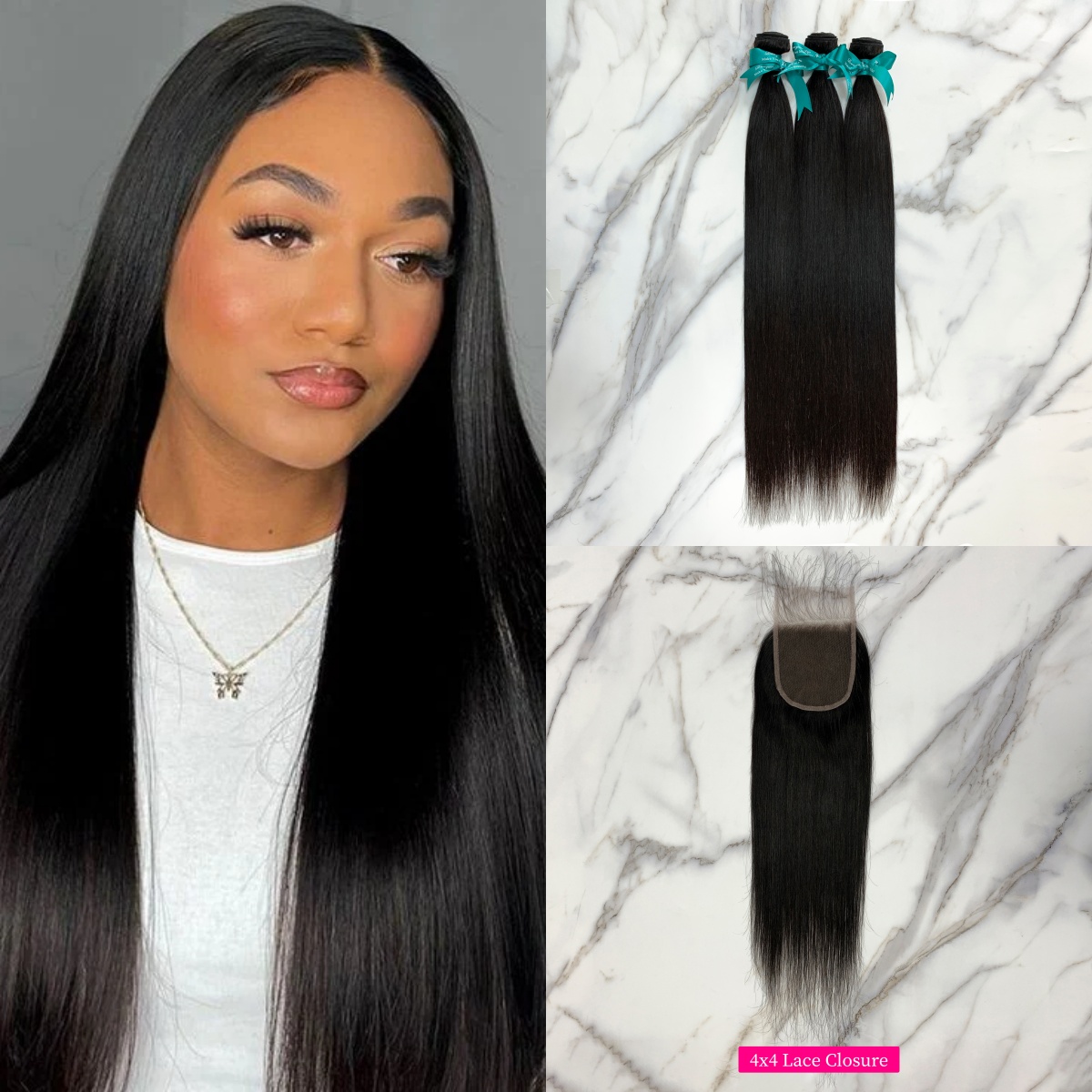 Natural Black Color Straight 3 Bundles with 4*4 Lace Closure