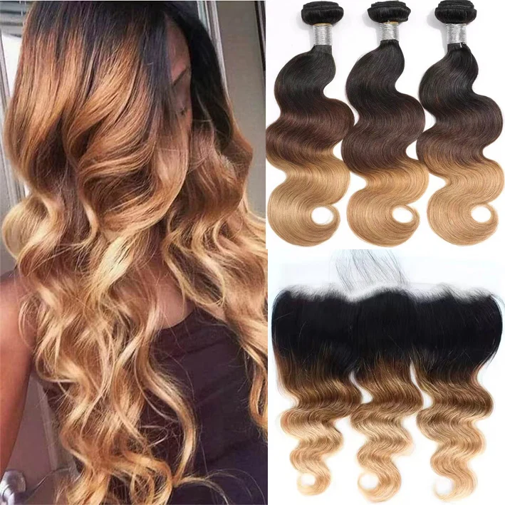 Ombre 1b/4/27 Body Wave 3 Bundles with 13*4 Lace Frontal