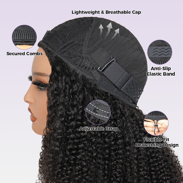 10″ – 40″ Natural Black Color Afro Kinky Curly Human Hair Drawstring Half Wig