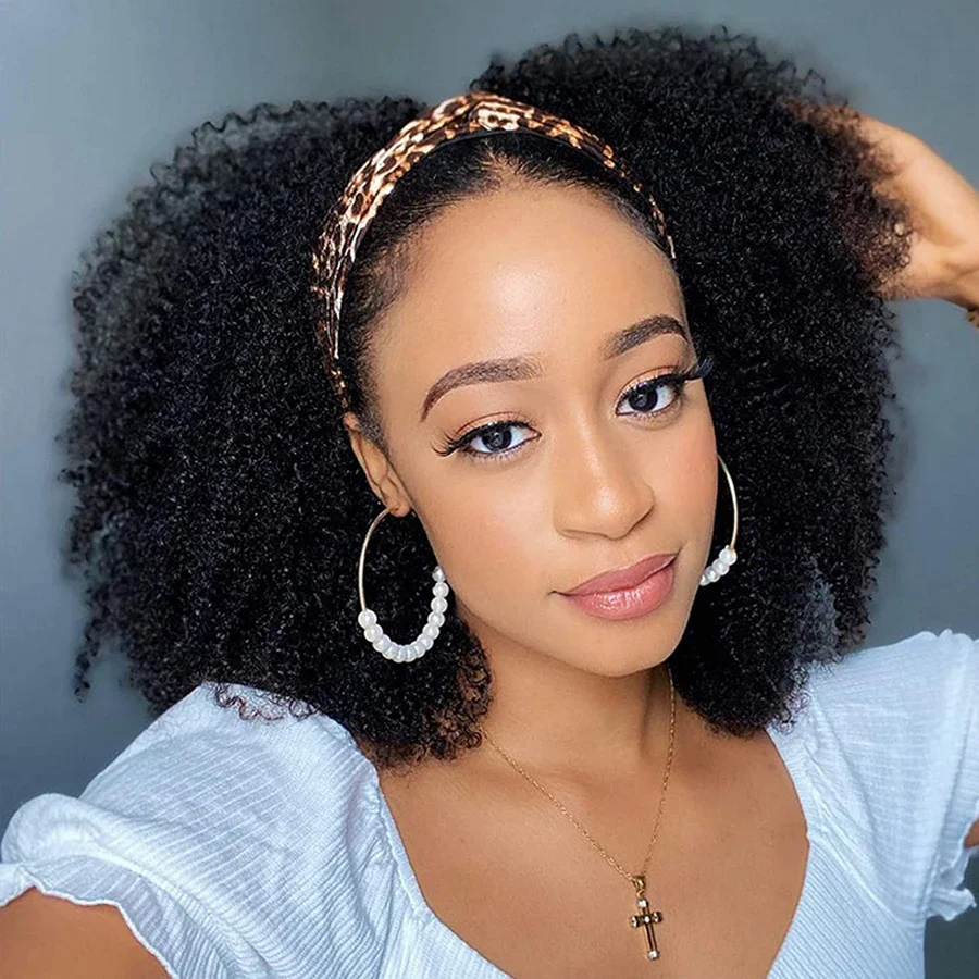 10″ – 14″ Natural Black Color Kinky Curly Human Hair Headband Wig