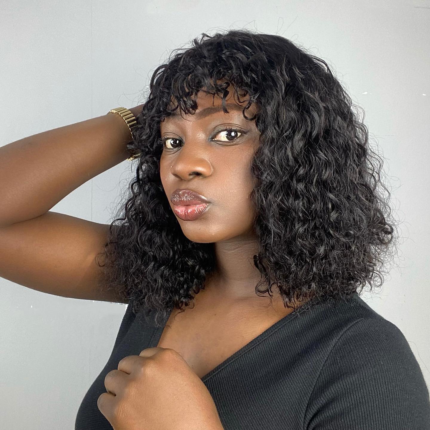 10″ – 40″ Natural Black Color Water Wave Human Hair Machine Made Wig