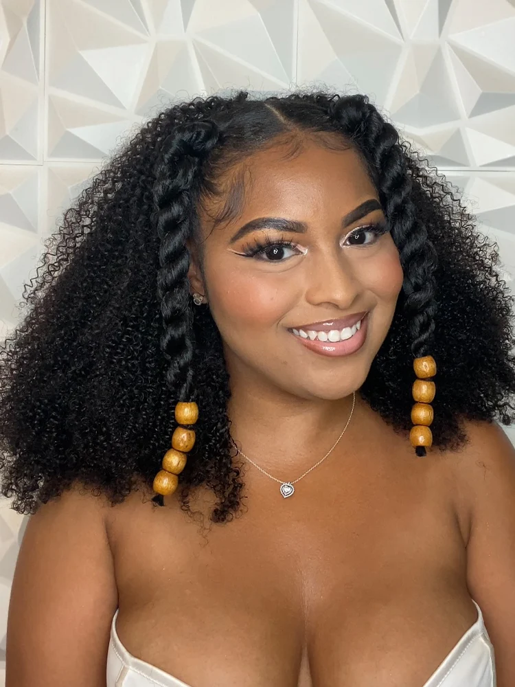 10″ – 40″ Natural Black Color Afro Kinky Curly Human Hair Drawstring Half Wig