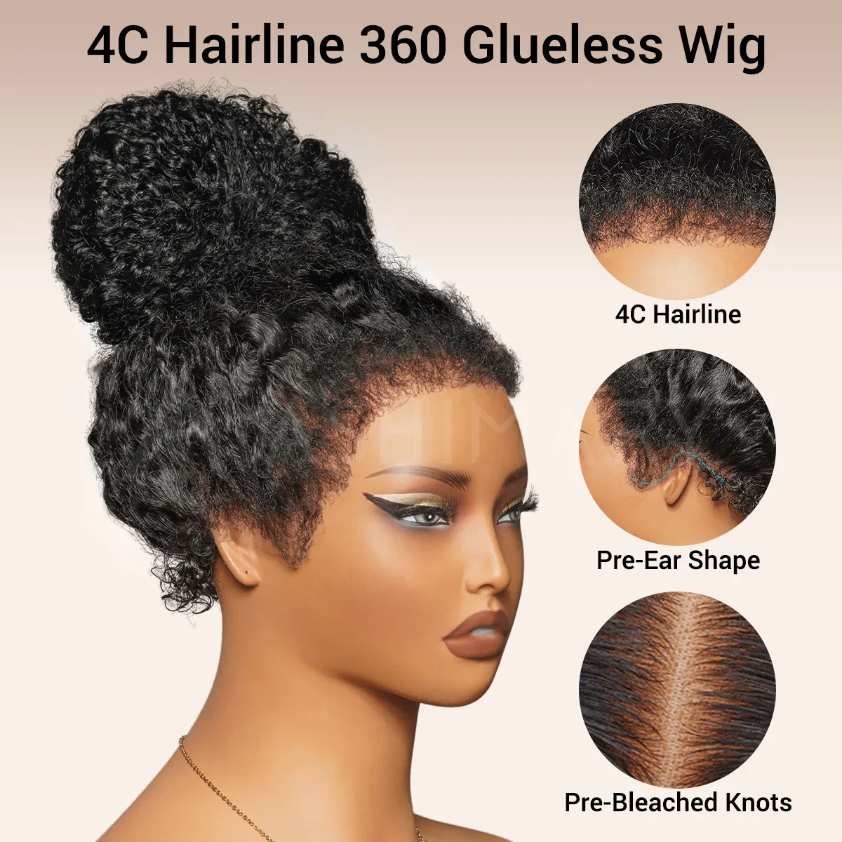 10″ – 36″ Natural Black Color Kinky Curly Human Hair 360 Lace Wig