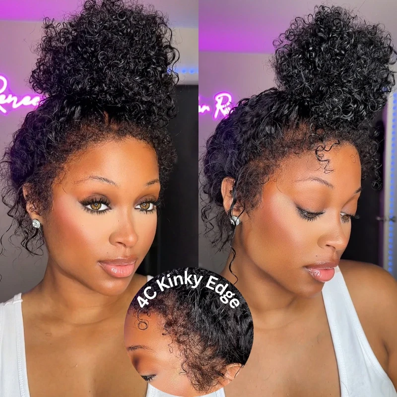 10″ – 36″ Natural Black Color Kinky Curly Human Hair 360 Lace Wig