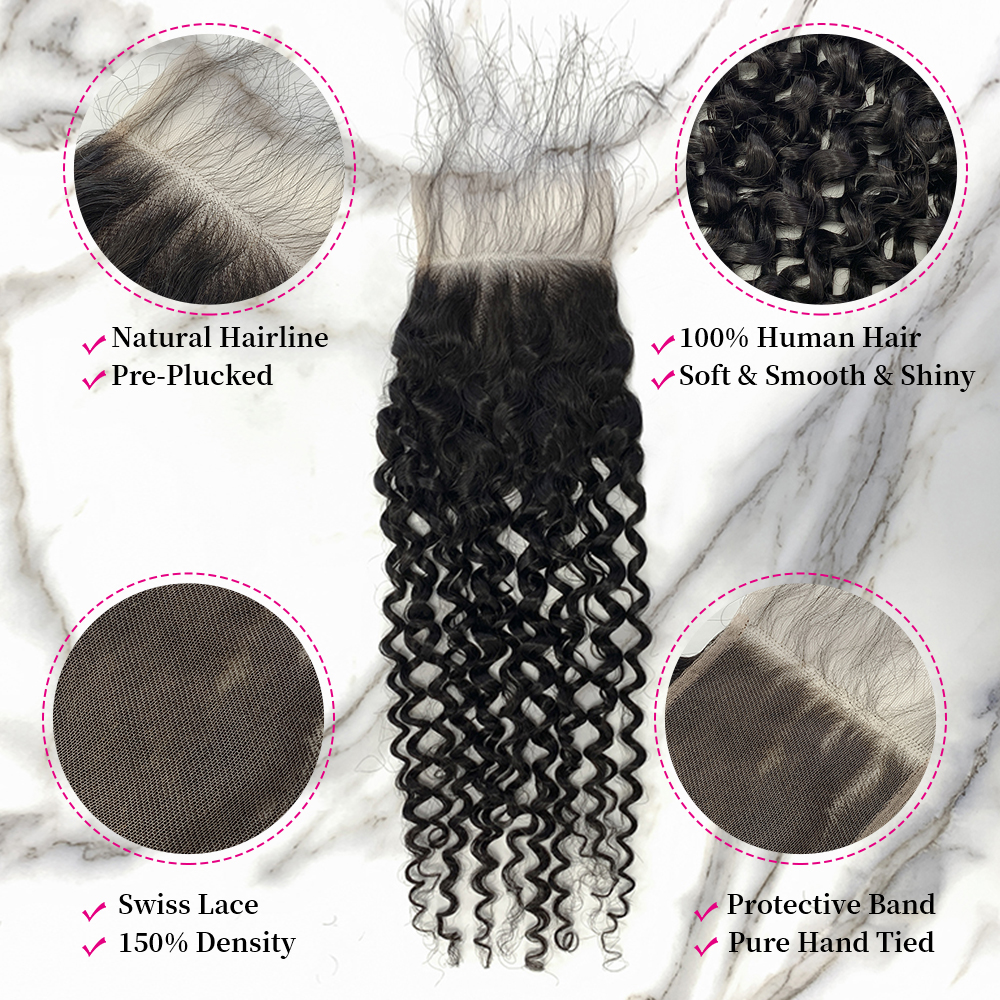Natural Black Color Deep Curly 3 Bundles with 4*4 Lace Closure
