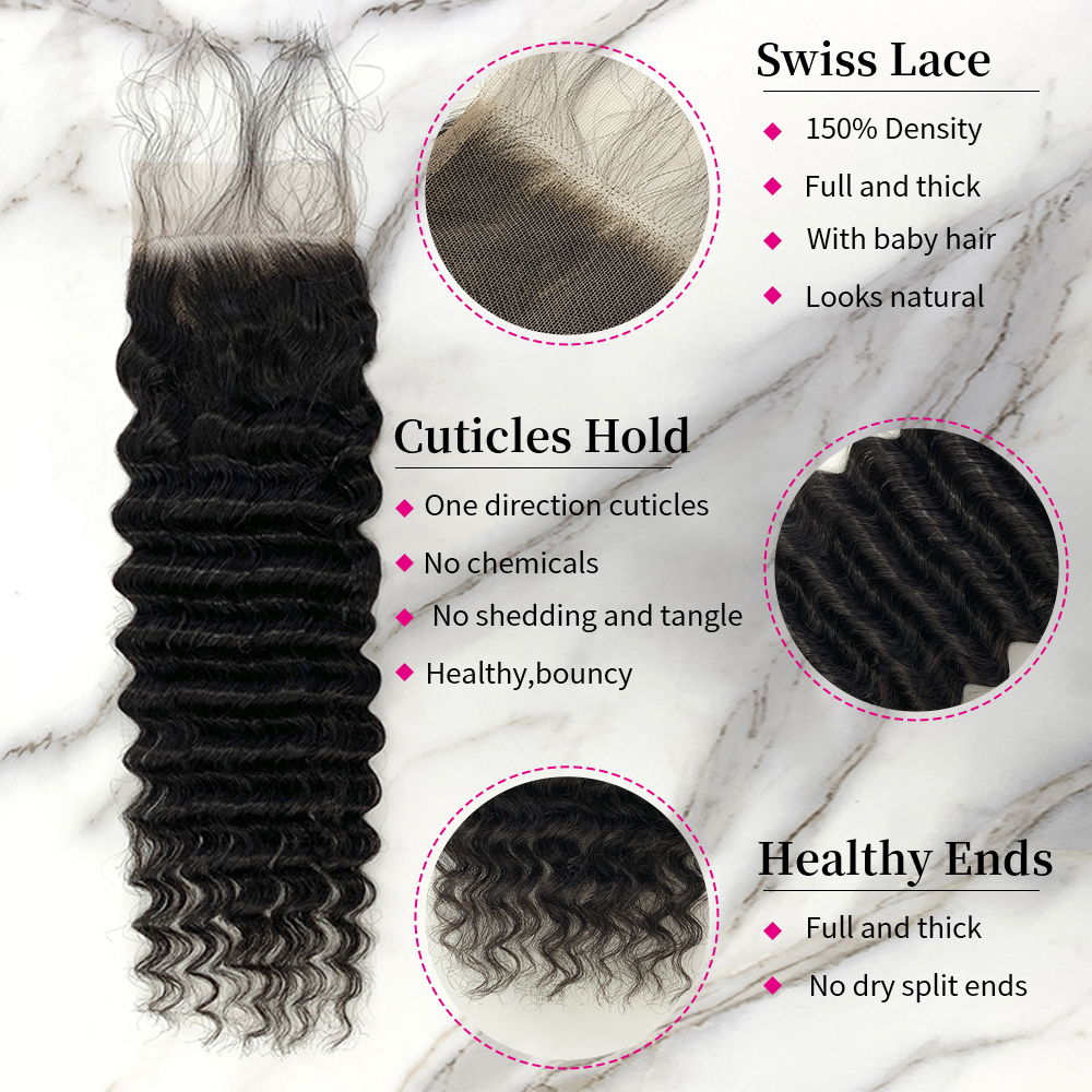 Natural Black Color Deep Wave 3 Bundles with 4*4 Lace Closure