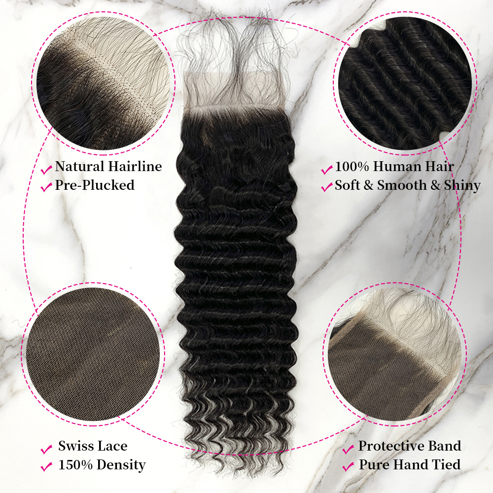Natural Black Color Deep Wave 3 Bundles with 4*4 Lace Closure
