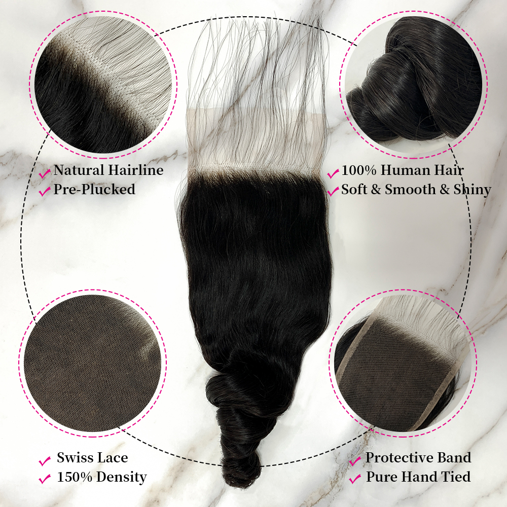 Natural Black Color Loose Wave 4 Bundles with 4*4 Lace Closure