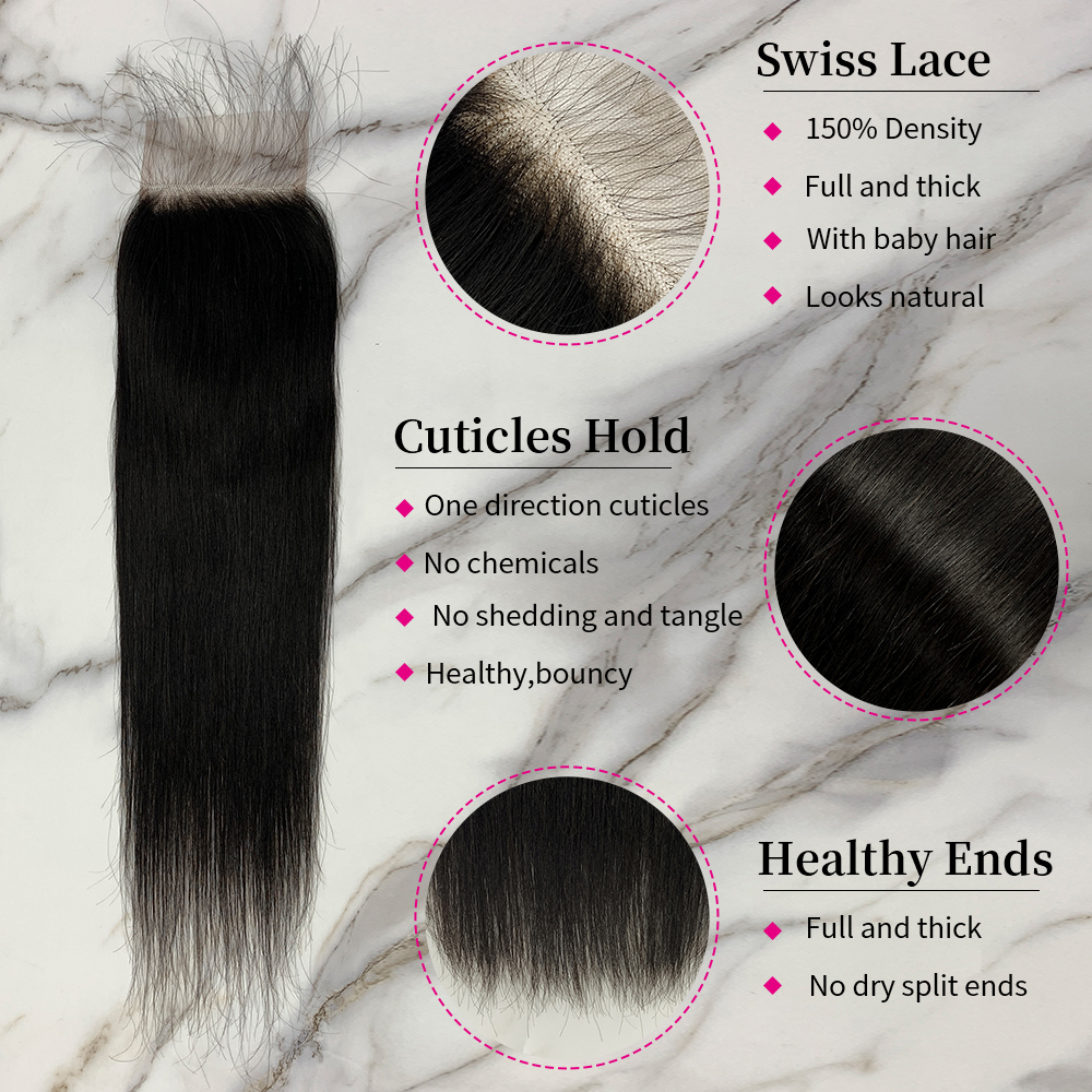Natural Black Color Straight 3 Bundles with 4*4 Lace Closure