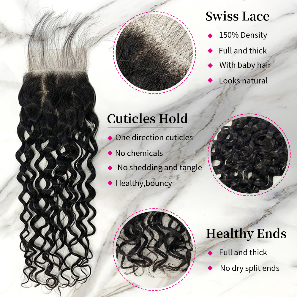 Natural Black Color Water Wave 3 Bundles with 4*4 Lace Closure