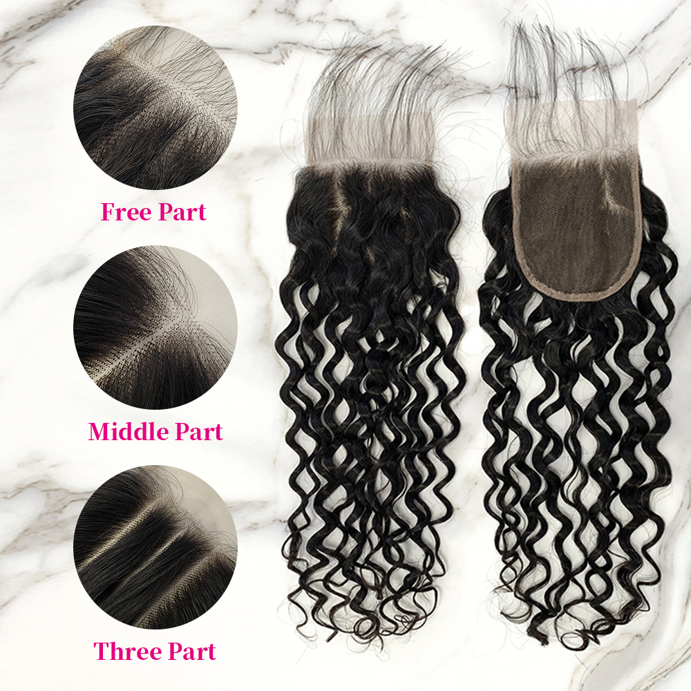 Natural Black Color Water Wave 3 Bundles with 4*4 Lace Closure