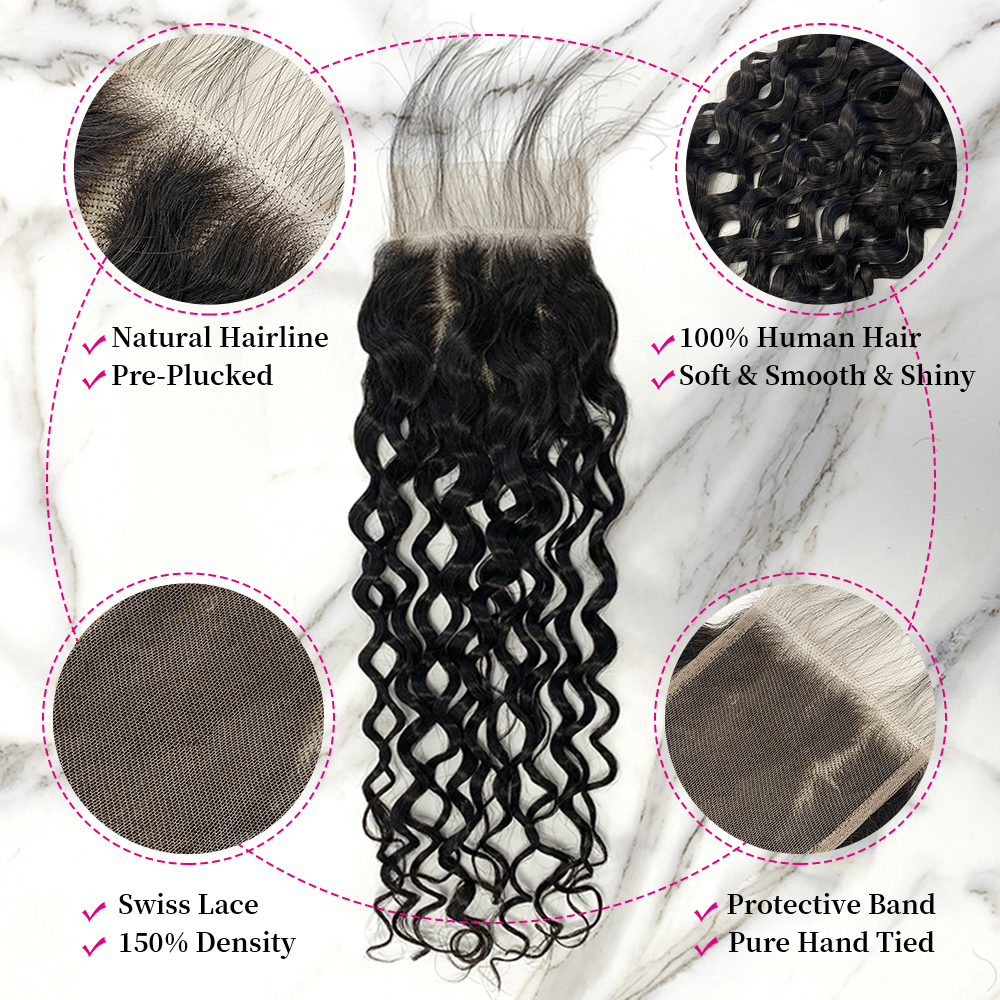 Natural Black Color Water Wave 3 Bundles with 4*4 Lace Closure