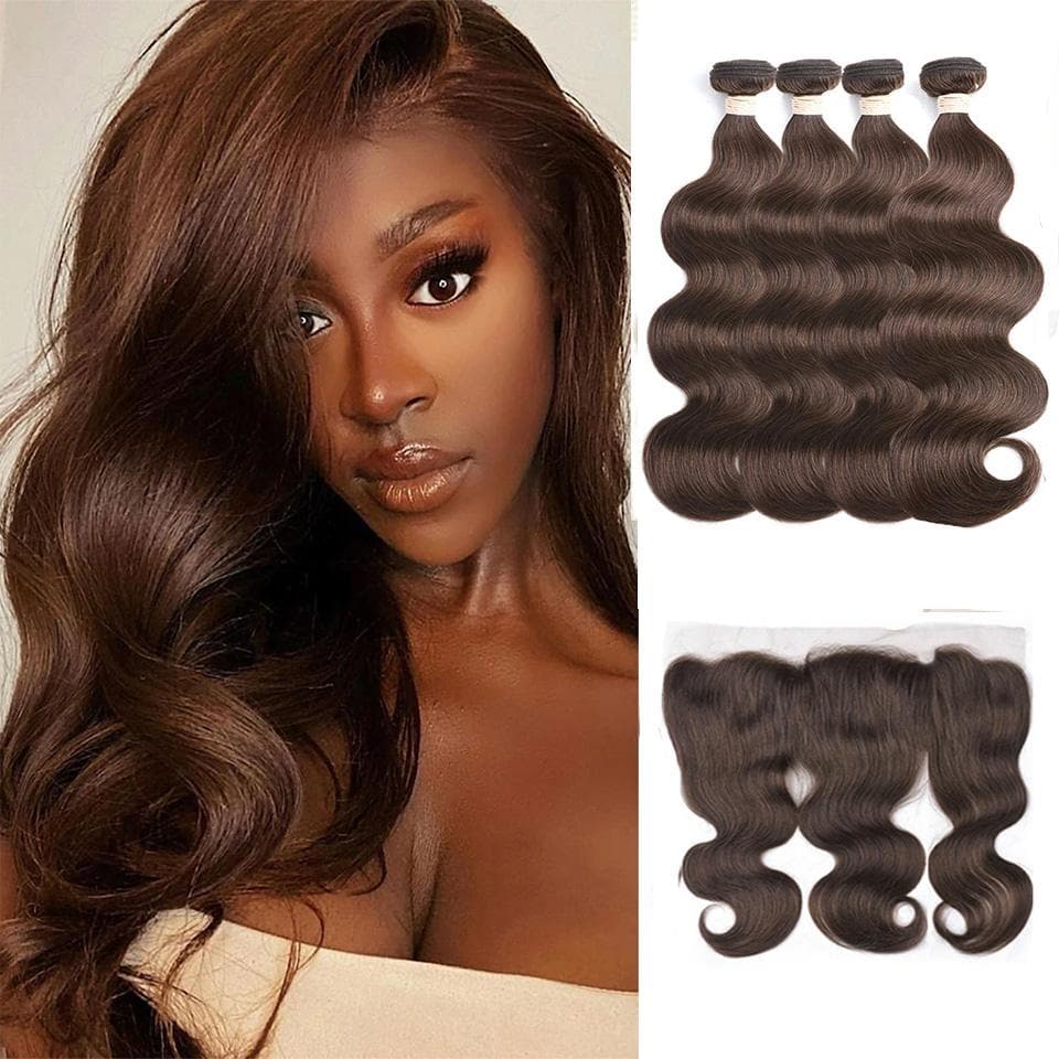 Natural #4 Color Body Wave 4 Bundles with 13*4 Lace Frontal