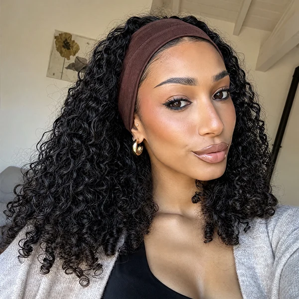 10″ – 14″ Natural Black Color Burmese Curly Human Hair Headband Wig