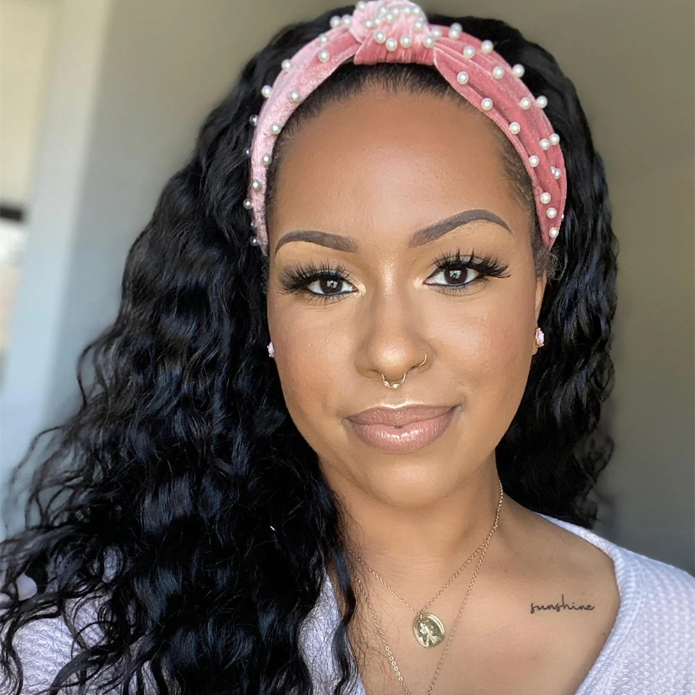 10″ – 14″ Natural Black Color Loose Wave Human Hair Headband Wig